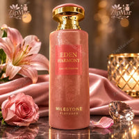 Thumbnail for Milestone Perfumes Eden Harmony Eau de Parfum pink bottle with red label beside a rose and pink satin