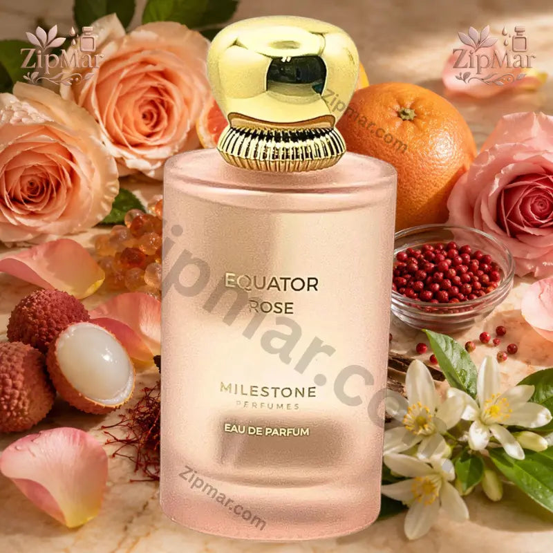 Milestone Perfumes Equator Rose eau de parfum pink bottle with gold textured cap