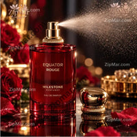 Thumbnail for Milestone Perfumes Equator Rouge eau de parfum in a deep red cylinder glass bottle with gold atomizer and ribbed gold collar, spraying a fine mist beside the gold cap