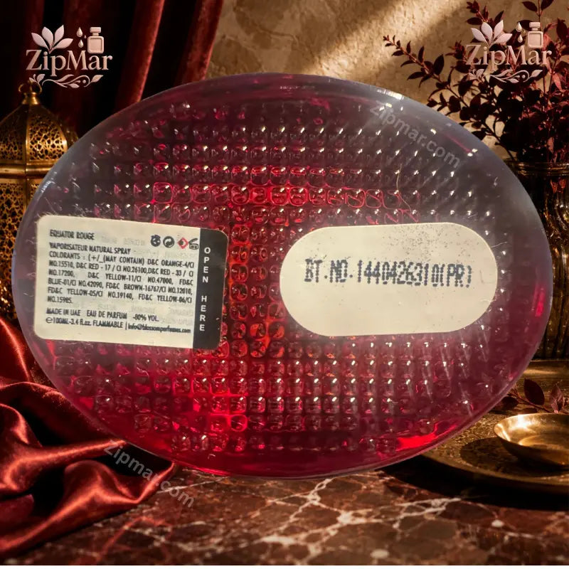 Bottom label of Milestone Perfumes Equator Rouge EDP displaying batch number 1440426310 and Made in UAE details