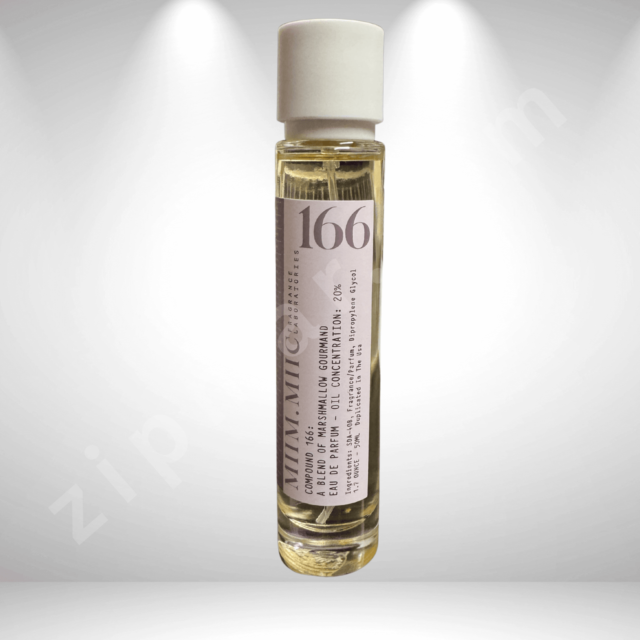 Small bottle with a label featuring the number 166 on a white background