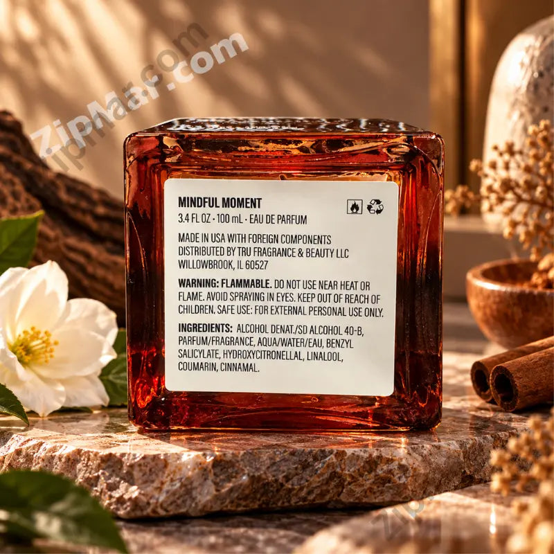 Mindful Moment Chamomile + Rose 3.4 fl. oz. Eau de Parfum back label — full INCI ingredient list including linalool coumarin cinnamal, Tru Fragrance & Beauty LLC Willowbrook IL 60527, made in USA with foreign components