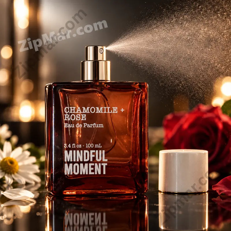 Mindful Moment Chamomile + Rose Eau de Parfum amber bottle in active mid-spray with gold metallic pump visible, white cap placed beside bottle, chamomile daisies and red rose against dark background with warm gold bokeh