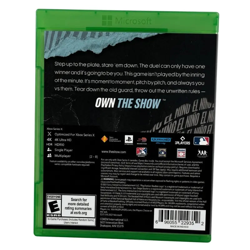 MLB The Show 21 Xbox Series X back cover showing game features multiplayer specs ESRB rating and Sony Interactive branding