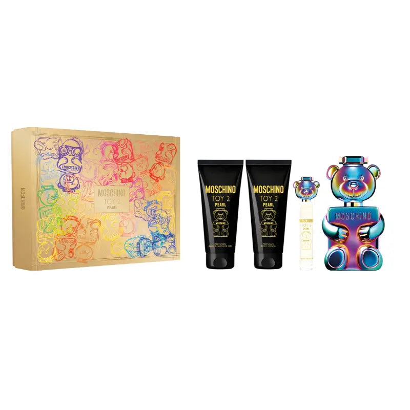 Moschino Toy 2 Pearl 4-piece gift set showing gold gift box, holographic bear EDP bottle, mini spray, shower gel and body lotion