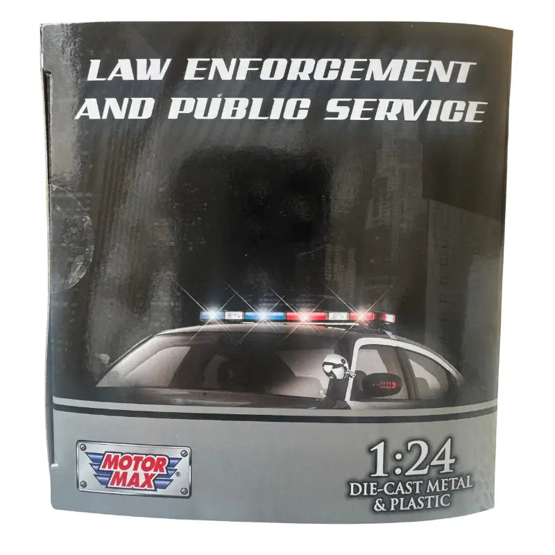 Back of MotorMax packaging detailing features like opening doors and hood for the Law Enforcement series.
