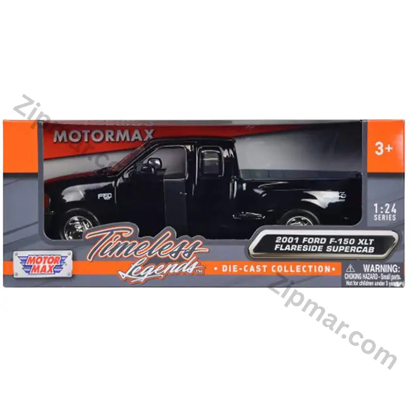 Motormax Timeless Legends box front for the 2001 Ford F150 XLT Flareside Supercab 1:24 black diecast, ages 3 and up