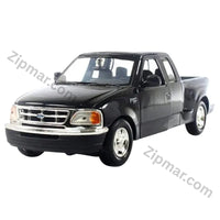 Thumbnail for Motormax 2001 Ford F150 XLT Flareside Supercab 1:24 black diecast truck, front three quarter view with chrome grille and wheels