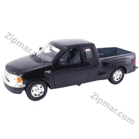 Thumbnail for Motormax 2001 Ford F150 XLT Flareside Supercab 1:24 black diecast truck, side view with F150 badge and 4x4 bed decal