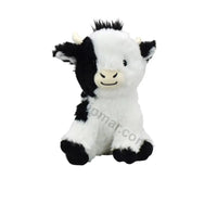 Thumbnail for Multipet black and white cow plush dog toy front view with smiling face, cream snout and cream horns