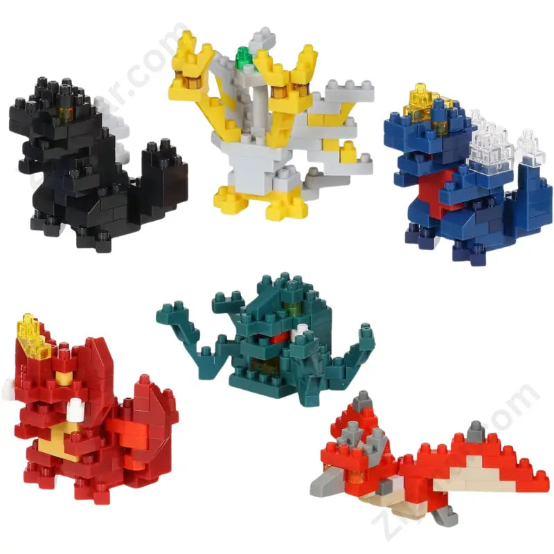 Nanoblock Godzilla Vol 2 all 6 assembled mini figures: Godzilla, Rodan, Biollante, Mecha-King Ghidorah, SpaceGodzilla and Destroyah