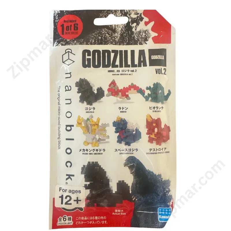 Nanoblock Godzilla Vol 2 blind bag front packaging showing all 6 characters to collect, ages 12+