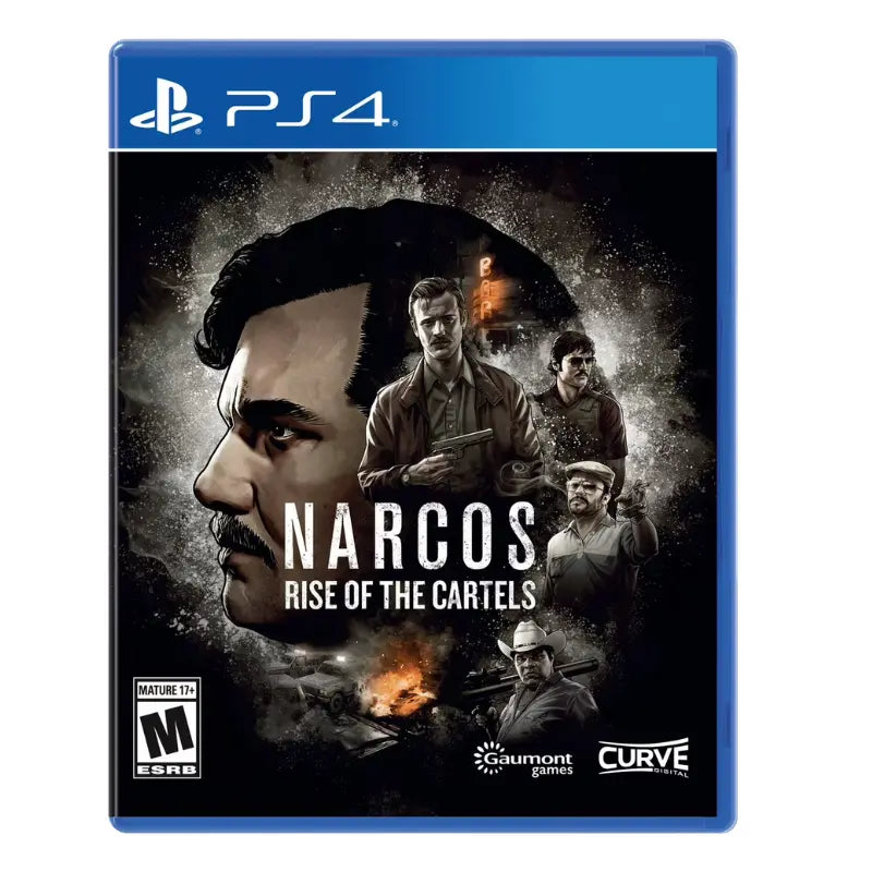 Narcos Rise of the Cartels PS4 game front cover showing cartel and DEA characters Gaumont Curve Digital ESRB M