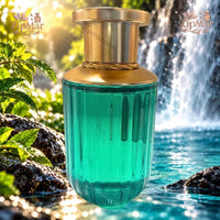 Thumbnail for Nature Spell Aqua Spirit EDP teal emerald glass bottle side view with waterfall background