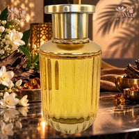 Thumbnail for Nature Spell Luminous Soul EDP amber ribbed glass bottle with silver cap and oud wood background