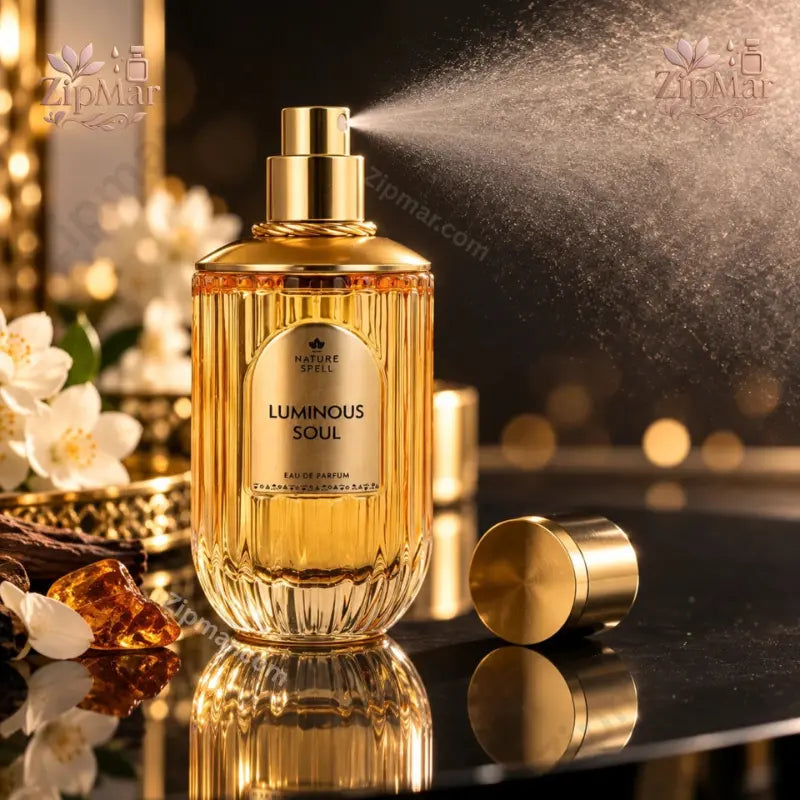 Nature Spell Luminous Soul EDP being sprayed showing fine mist with jasmine and amber