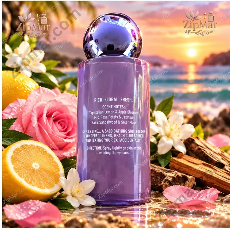 NatureWell Piha Beach EDP back label showing full scent notes — Italian Lemon, Apple Blossom, Rose Petals, Jasmine, Sandalwood, Solar Musk