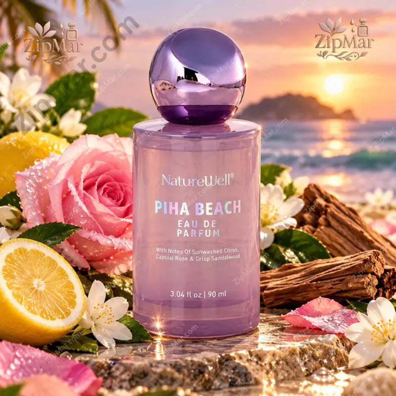 NatureWell Piha Beach Eau de Parfum 90ml bottle displayed against tropical beach sunset with roses and lemons
