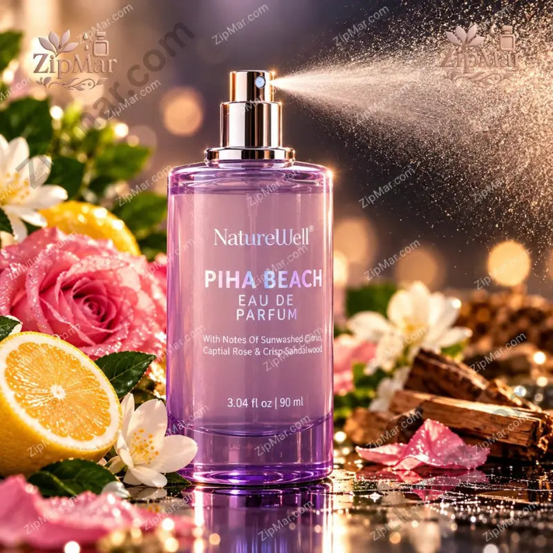 NatureWell Piha Beach Eau de Parfum spraying mist in glamour setting surrounded by rose petals and citrus