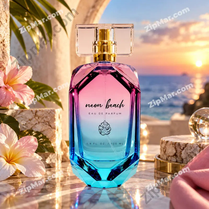 Neon Beach Eau de Parfum pink purple teal gradient faceted gem-cut glass bottle with clear square cap and gold collar on marble terrace neon beach cursive script label monstera leaf logo and 3.4 fl oz 100ml clearly visible golden hour ocean sunset pink plumeria flowers stone pedestals and Mediterranean arch backdrop