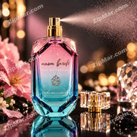 Thumbnail for Neon Beach Eau de Parfum pink purple blue gradient faceted gem-cut bottle in active mid-spray with gold pump nozzle neon beach cursive label and monstera leaf logo clearly visible pink tropical hibiscus flowers black volcanic lava rocks and crystal glass cube props on reflective dark surface with pink gold bokeh background