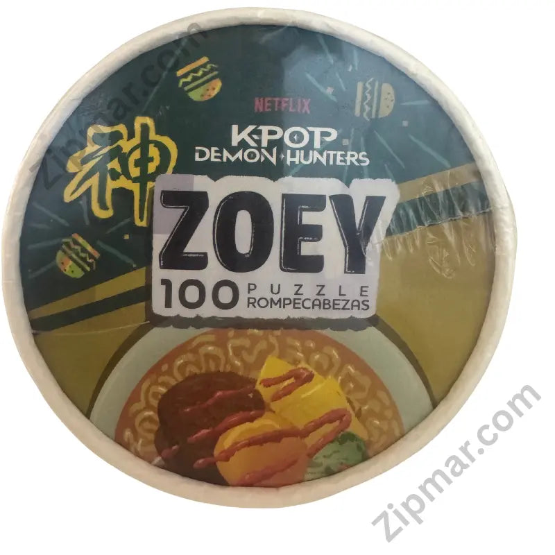 Netflix K-POP Demon Hunters Zoey puzzle cup top view round snap lid showing Netflix logo and K-POP DEMON HUNTERS ZOEY 100 PUZZLE branding ramen bowl anime artwork teal gold and dark design