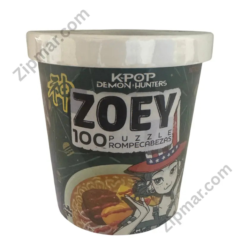 Netflix K-POP Demon Hunters Zoey 100-piece jigsaw puzzle in novelty ramen cup container white snap lid Zoey anime character with American flag hat and ramen bowl dark teal green design clean white background product shot