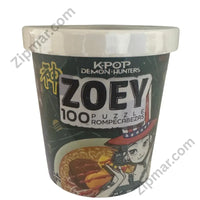 Thumbnail for Netflix K-POP Demon Hunters Zoey 100-piece jigsaw puzzle in novelty ramen cup container white snap lid Zoey anime character with American flag hat and ramen bowl dark teal green design clean white background product shot