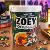 Thumbnail for Netflix K-POP Demon Hunters Zoey 100-piece puzzle ramen cup with puzzle pieces scattered on desk K-pop themed room background with gaming headset anime poster and books lifestyle editorial shot for fans