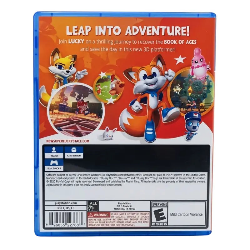 New Super Lucky's Tale PS4 back cover showing gameplay screenshots ESRB E rating Playful Corp branding