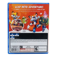 Thumbnail for New Super Lucky's Tale PS4 back cover showing gameplay screenshots ESRB E rating Playful Corp branding