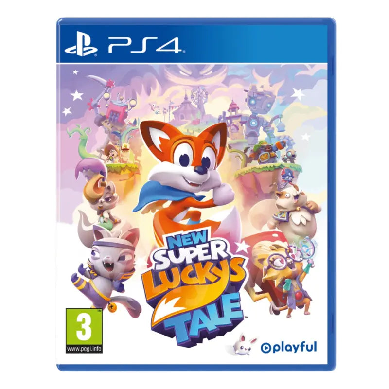 New Super Lucky's Tale PS4 front cover featuring Lucky the fox and colorful characters Playful Corp PEGI 3