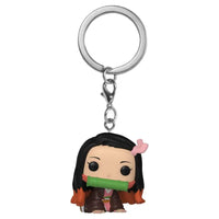 Thumbnail for Unboxed close-up of the Funko Pocket Pop! Nezuko Kamado vinyl figure keychain, depicting the character Nezuko in her bamboo muzzle and kimono attached to a metal ring.
