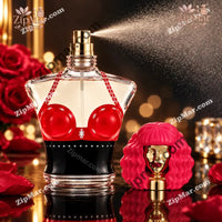 Thumbnail for Nicki Minaj Minajesty fragrance bottle with a red and black torso design and a pink curly wig cap, spraying mist