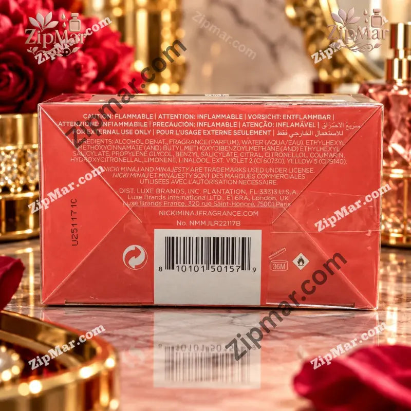 Back of Nicki Minaj Minajesty eau de parfum box with ingredients, barcode, item number NMMJLR22117B and 36M symbol