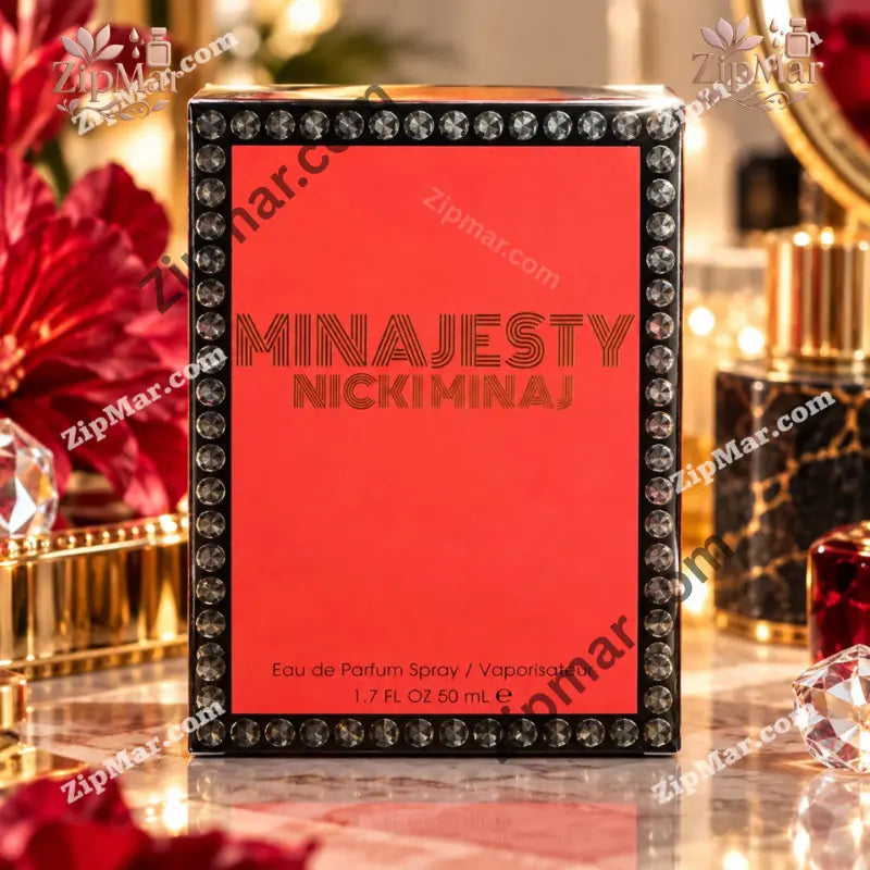 Front of Nicki Minaj Minajesty eau de parfum spray box, 1.7 fl oz 50 mL, red panel with gold foil lettering