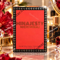 Thumbnail for Front of Nicki Minaj Minajesty eau de parfum spray box, 1.7 fl oz 50 mL, red panel with gold foil lettering