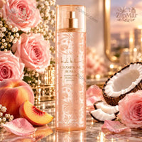 Thumbnail for Nicole Miller Champagne Roses Body Mist 8 fl oz peach pink bottle with floral embossing surrounded by roses peach and coconut
