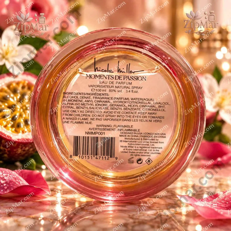 Bottom label of Nicole Miller Moments de Passion EDP showing UPC barcode, 100 mL size, ingredients, MPN NMMP001, and product details