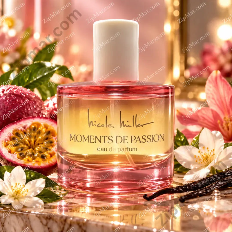 Nicole Miller Moments de Passion Eau de Parfum 3.4 oz round blush-pink bottle with white cap surrounded by passion fruit, jasmine flowers and vanilla beans