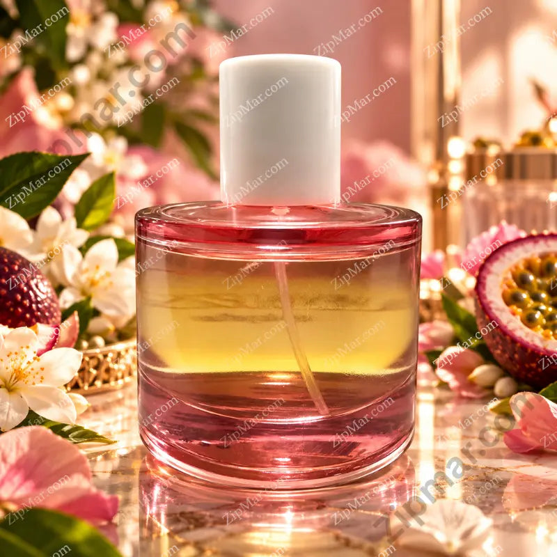Nicole Miller Moments de Passion Eau de Parfum bottle side view clear glass with pink-to-gold gradient liquid, white cap, surrounded by flowers and passion fruit