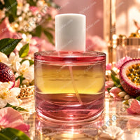 Thumbnail for Nicole Miller Moments de Passion Eau de Parfum bottle side view clear glass with pink-to-gold gradient liquid, white cap, surrounded by flowers and passion fruit