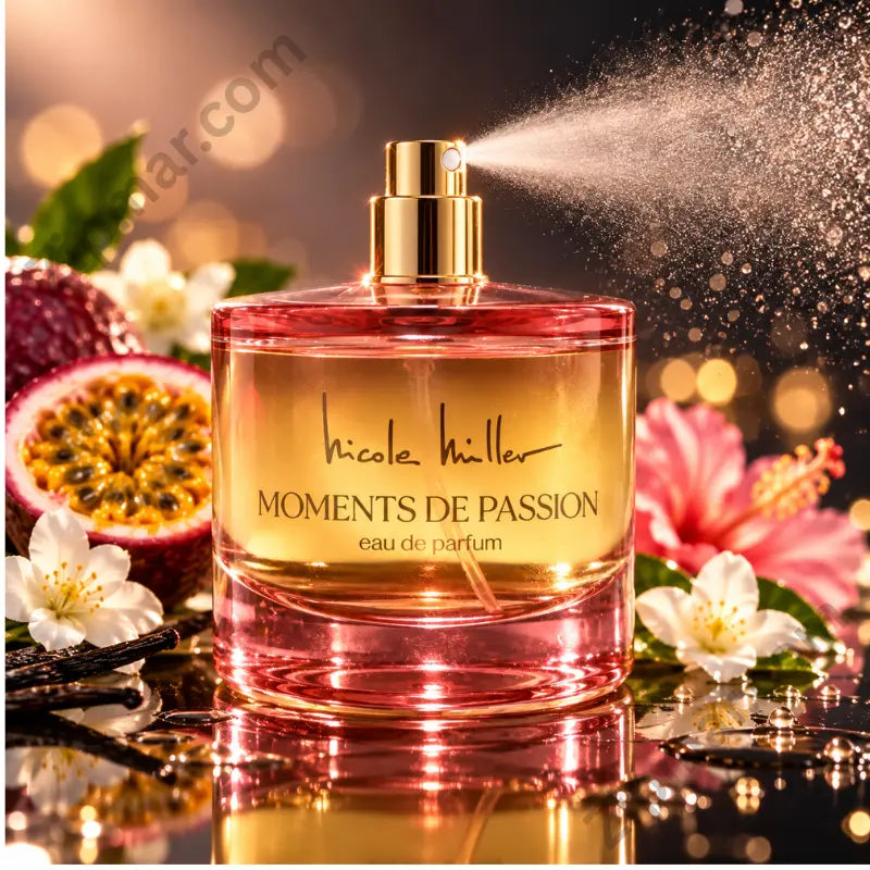 Nicole Miller Moments de Passion EDP spray in action pink glass bottle with gold pump, cap removed, passion fruit and hibiscus in background