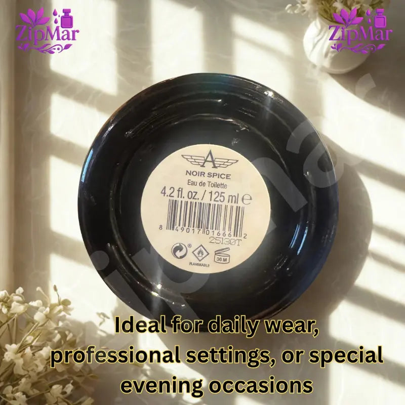 Noir Spice Eau de Toilette bottle base label with winged A logo, 4.2 fl oz 125 mL, UPC barcode and flammable symbol