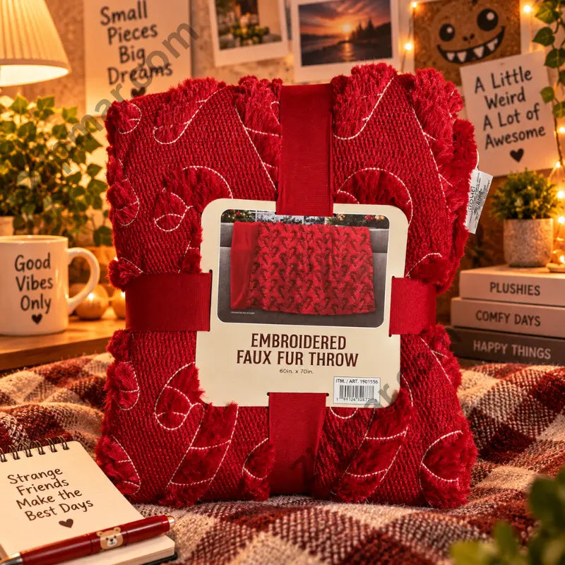 Northwest embroidered faux fur throw in red in its ribbon band packaging on a plaid blanket