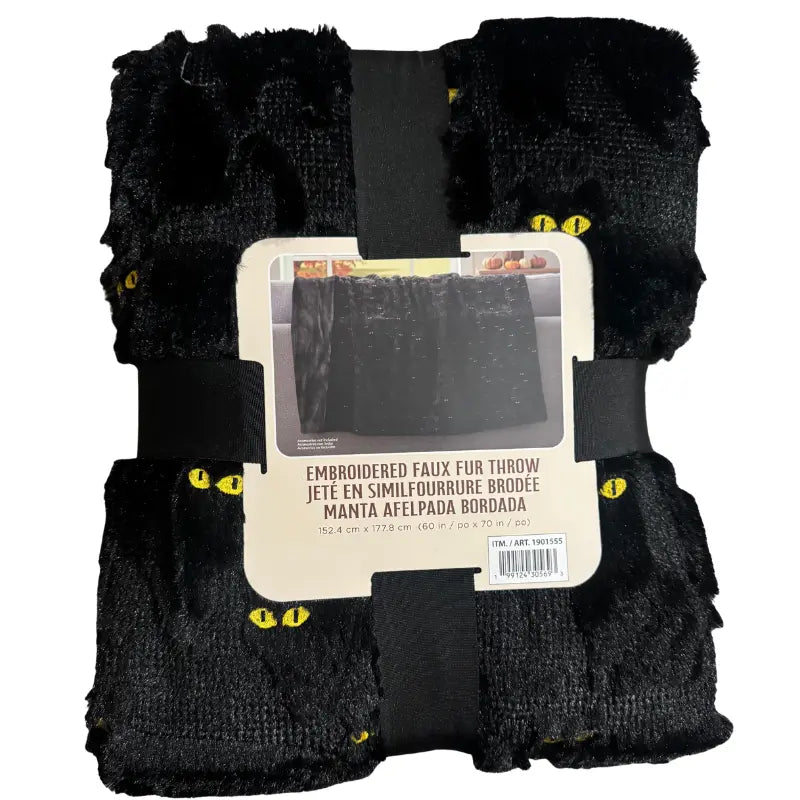 Front view of packaged The Northwest Group Halloween black cat embroidered faux fur throw blanket with ribbon