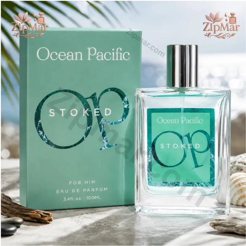 Ocean Pacific OP Stoked For Him Eau de Parfum 3.4 fl oz clear glass bottle standing next to green box