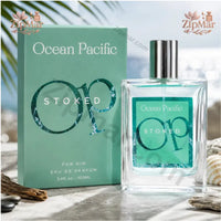 Thumbnail for Ocean Pacific OP Stoked For Him Eau de Parfum 3.4 fl oz clear glass bottle standing next to green box