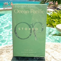 Thumbnail for Front view of Ocean Pacific OP Stoked For Him EDP 100 ml green box packaging against pool water background