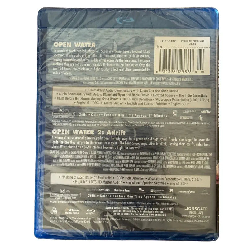 Back cover of Open Water and Open Water 2 Adrift double feature Blu-ray with synopsis and UPC barcode